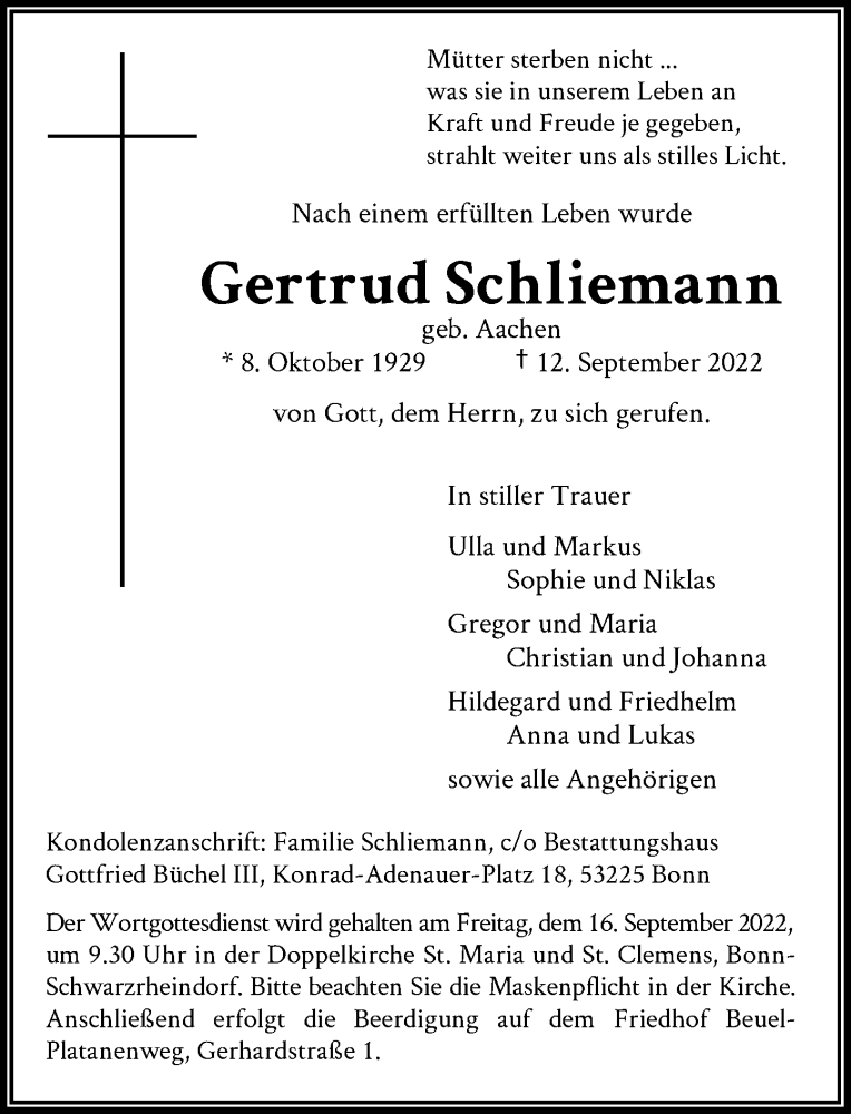  Traueranzeige für Gertrud Schliemann vom 14.09.2022 aus General-Anzeiger Bonn