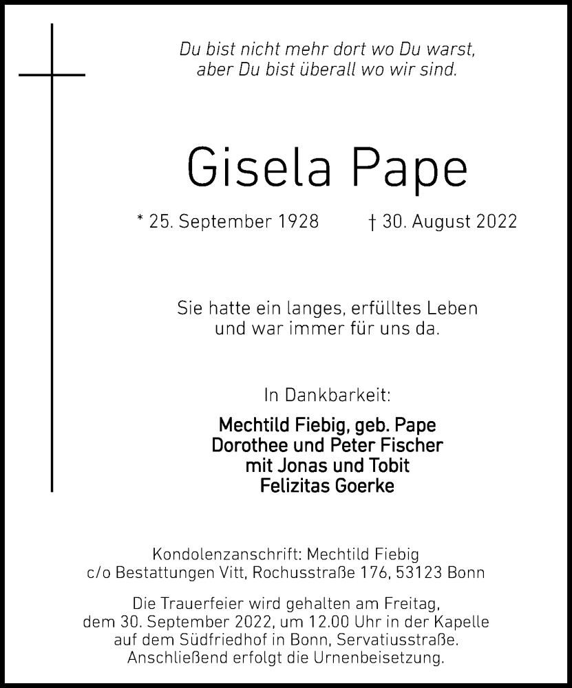 Traueranzeige für Gisela Pape vom 17.09.2022 aus General-Anzeiger Bonn