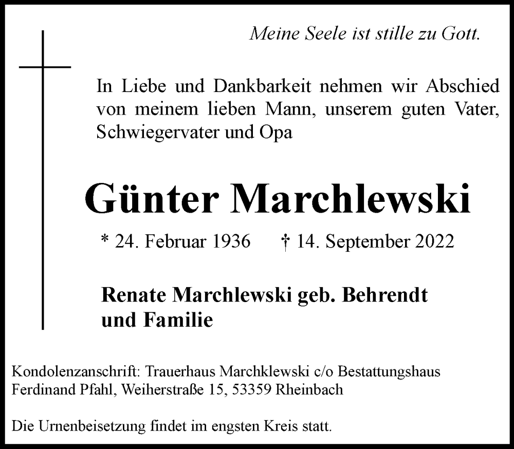  Traueranzeige für Günter Marchlewski vom 24.09.2022 aus General-Anzeiger Bonn