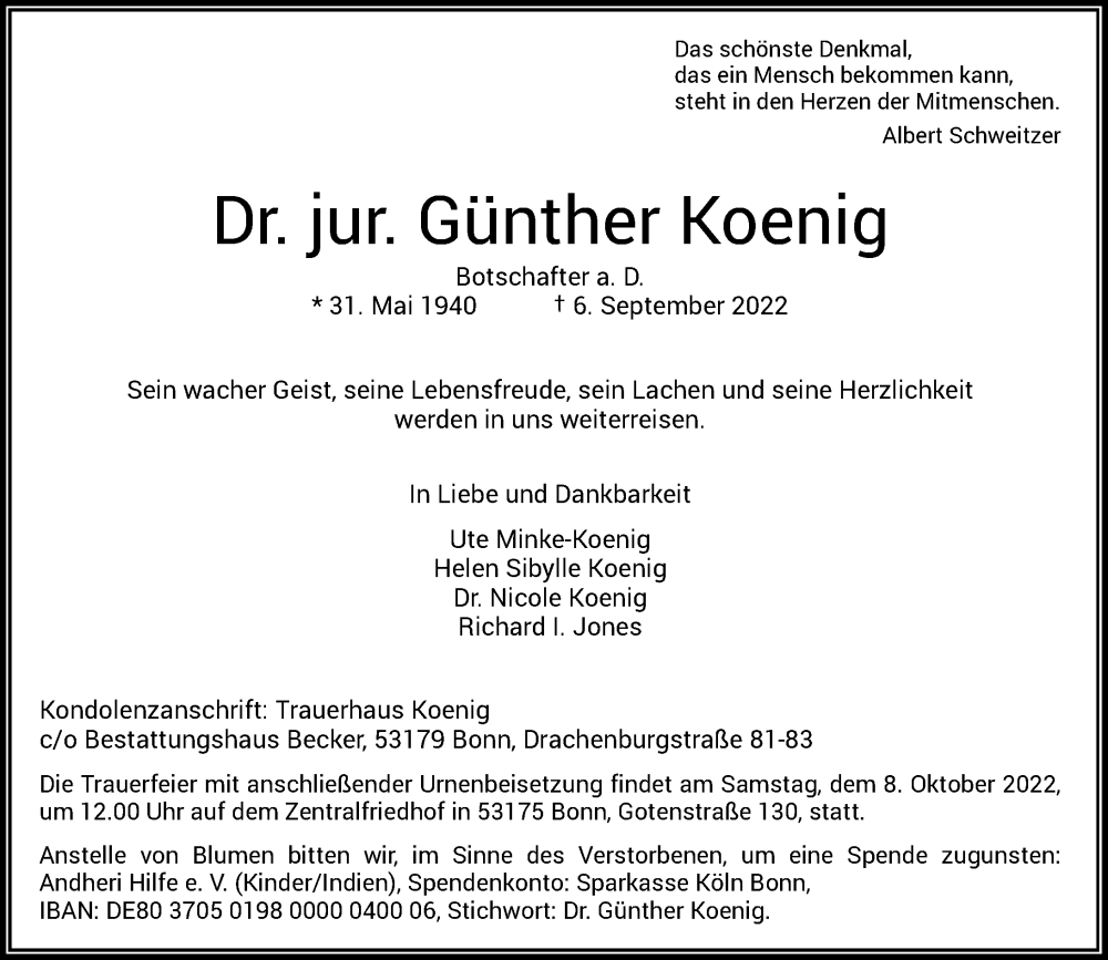  Traueranzeige für Günther Koenig vom 17.09.2022 aus General-Anzeiger Bonn
