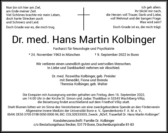 Anzeige von Hans Martin Kolbinger von General-Anzeiger Bonn