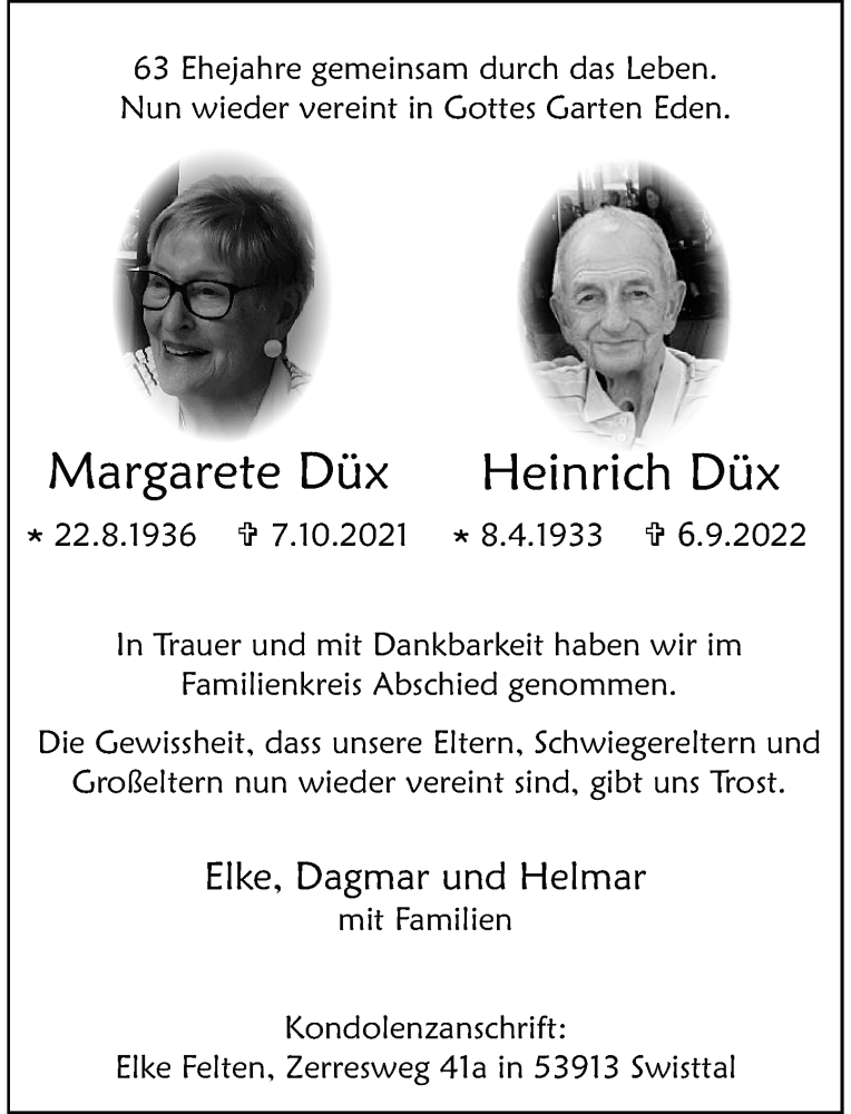  Traueranzeige für Heinrich Düx vom 17.09.2022 aus General-Anzeiger Bonn