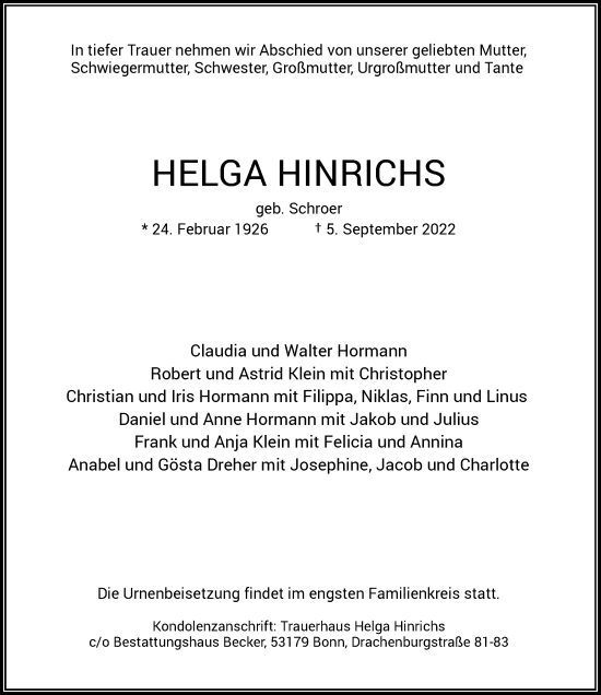 Anzeige von Helga Hinrichs von General-Anzeiger Bonn