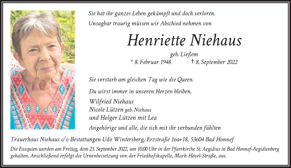  Traueranzeige für Henriette Niehaus vom 17.09.2022 aus General-Anzeiger Bonn