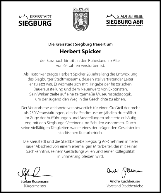 Anzeige von Herbert Spicker von General-Anzeiger Bonn