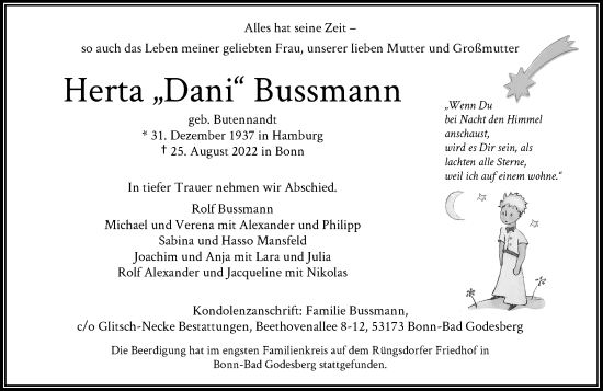 Anzeige von Herta Bussmann von General-Anzeiger Bonn