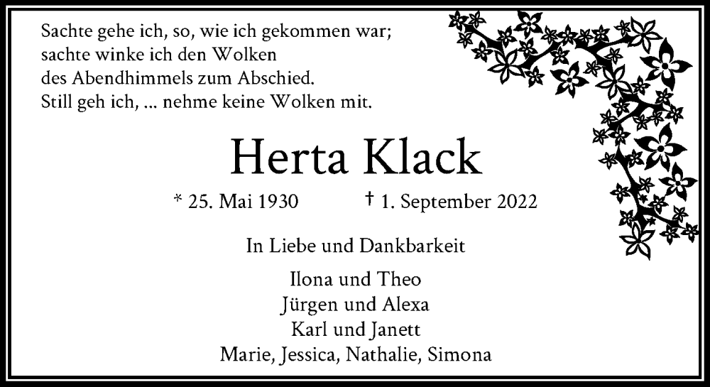  Traueranzeige für Herta Klack vom 17.09.2022 aus General-Anzeiger Bonn