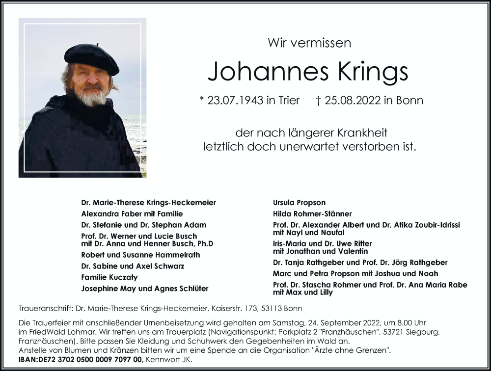  Traueranzeige für Johannes Krings vom 10.09.2022 aus General-Anzeiger Bonn