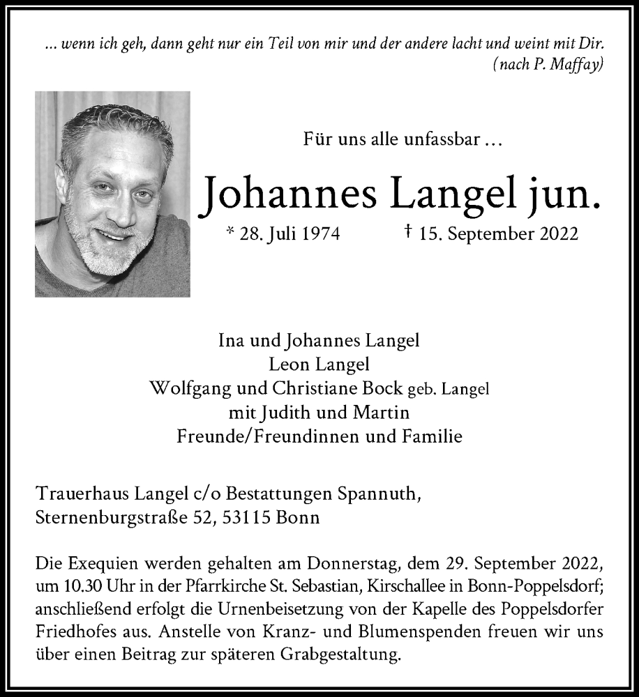  Traueranzeige für Johannes Langel vom 24.09.2022 aus General-Anzeiger Bonn
