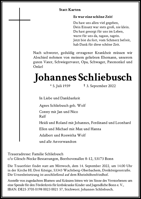 Anzeige von Johannes Schliebusch von General-Anzeiger Bonn