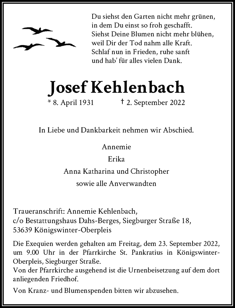  Traueranzeige für Josef Kehlenbach vom 17.09.2022 aus General-Anzeiger Bonn