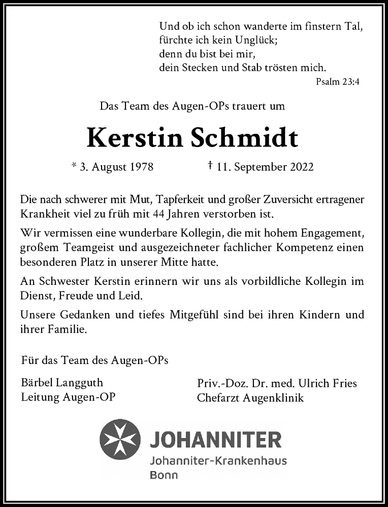  Traueranzeige für Kerstin Schmidt vom 17.09.2022 aus General-Anzeiger Bonn