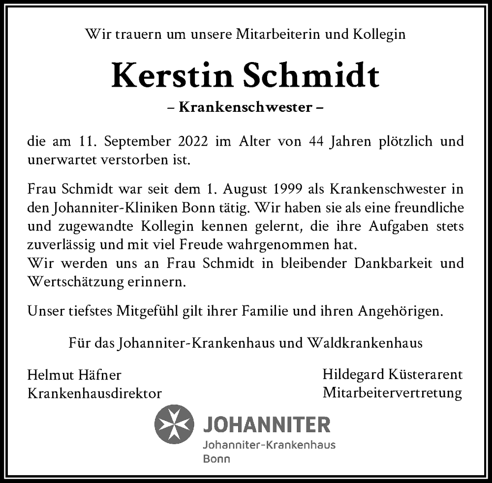  Traueranzeige für Kerstin Schmidt vom 17.09.2022 aus General-Anzeiger Bonn
