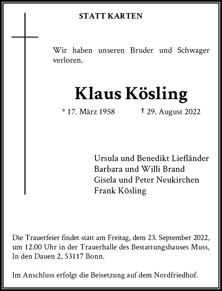  Traueranzeige für Klaus Kösling vom 17.09.2022 aus General-Anzeiger Bonn