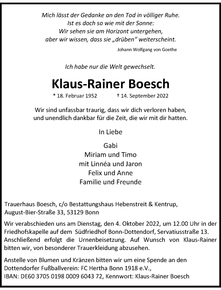 Traueranzeige für Klaus-Rainer Boesch vom 24.09.2022 aus General-Anzeiger Bonn