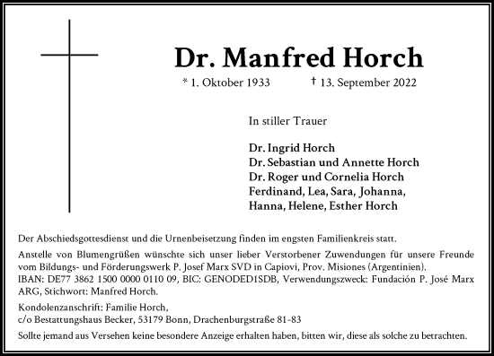 Anzeige von Manfred Horch von General-Anzeiger Bonn