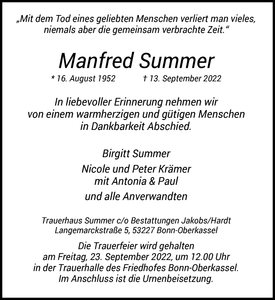  Traueranzeige für Manfred Summer vom 17.09.2022 aus General-Anzeiger Bonn