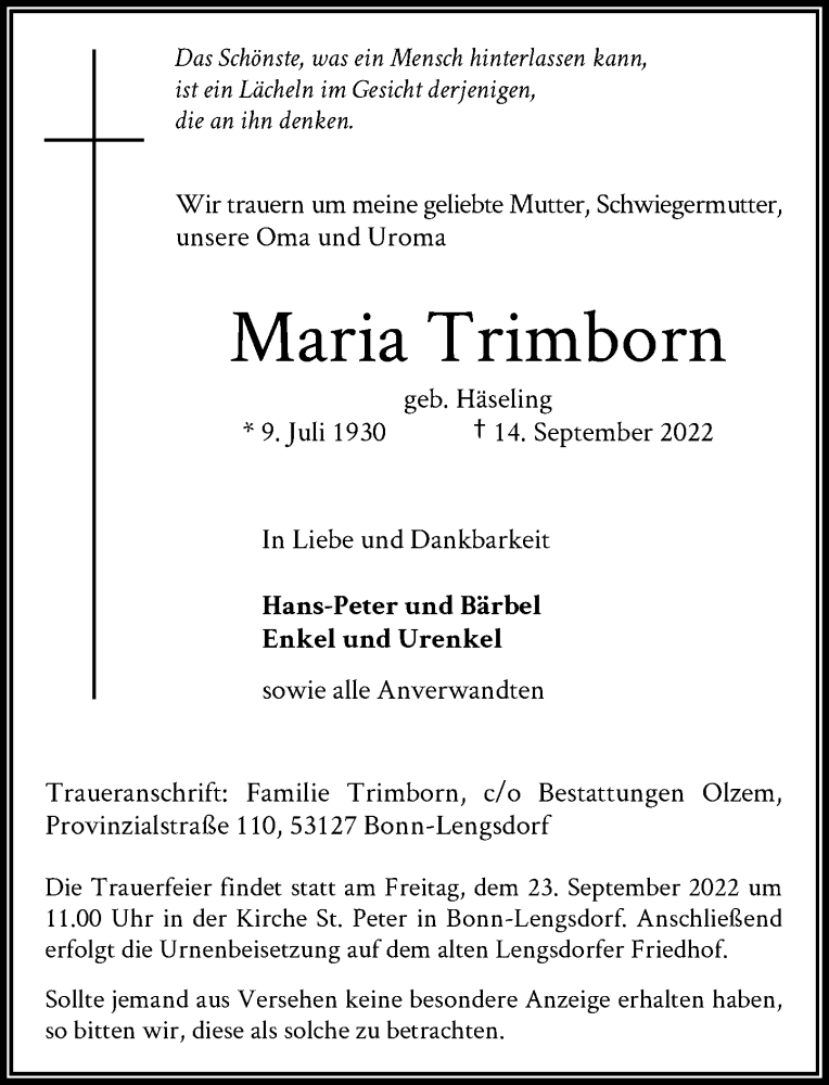  Traueranzeige für Maria Trimborn vom 17.09.2022 aus General-Anzeiger Bonn