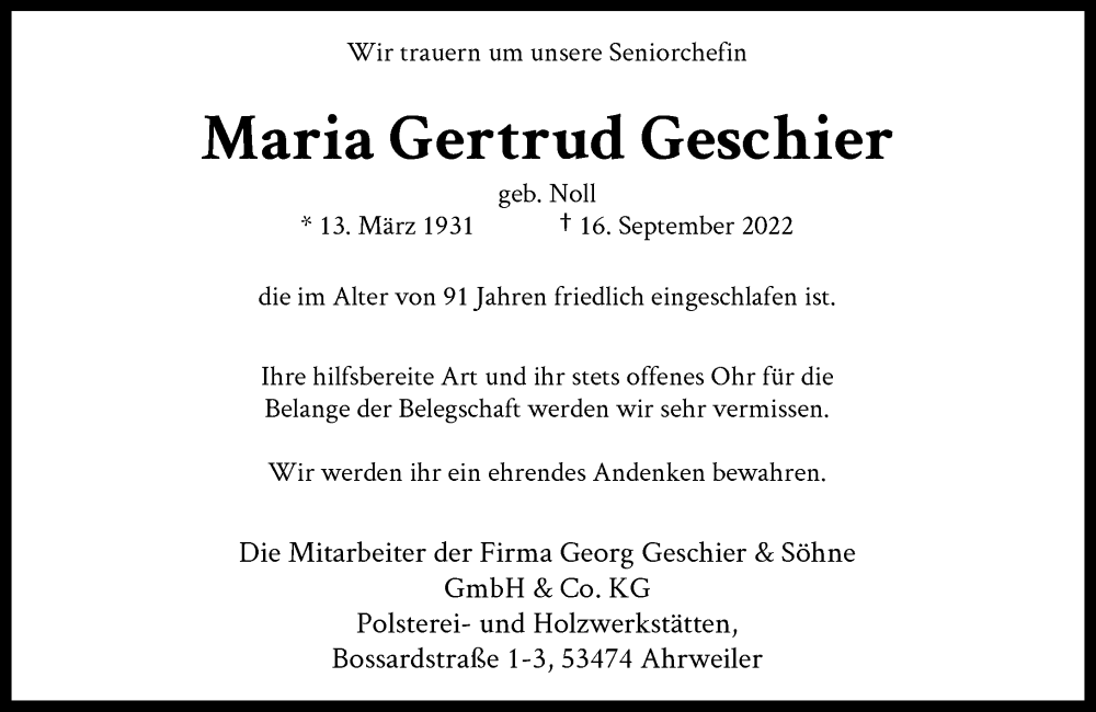  Traueranzeige für Maria Gertrud Geschier vom 24.09.2022 aus General-Anzeiger Bonn