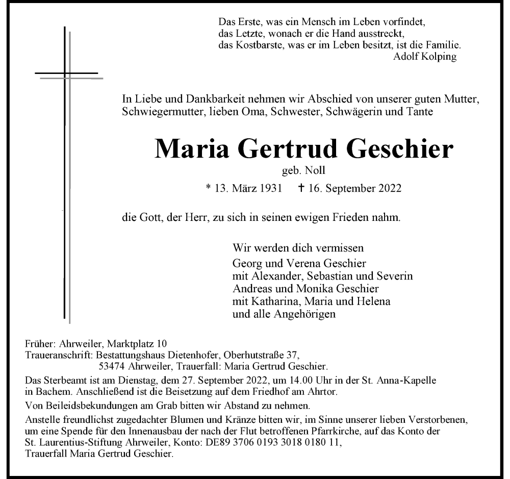  Traueranzeige für Maria Gertrud Geschier vom 21.09.2022 aus General-Anzeiger Bonn