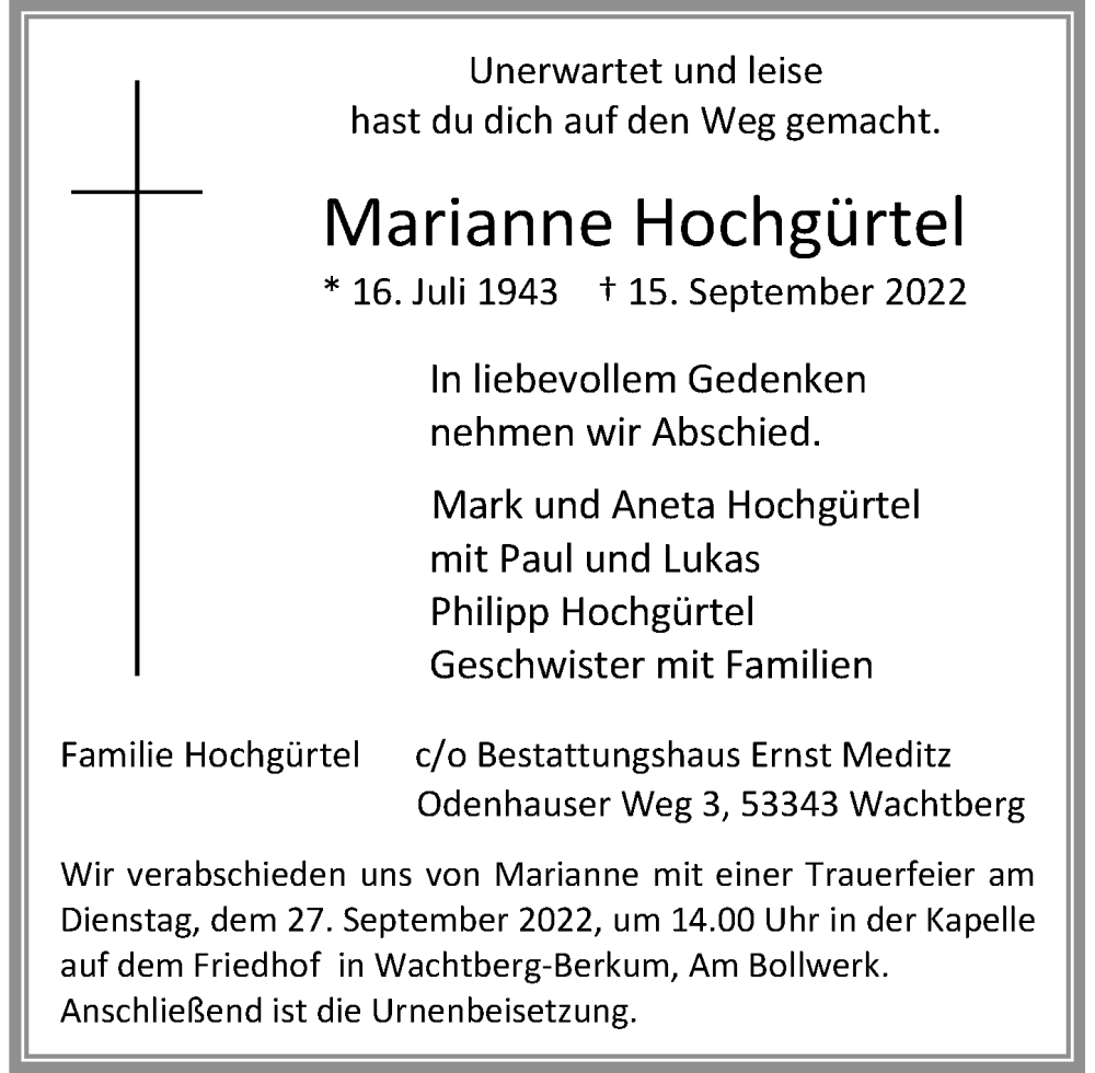  Traueranzeige für Marianne Hochgürtel vom 24.09.2022 aus General-Anzeiger Bonn