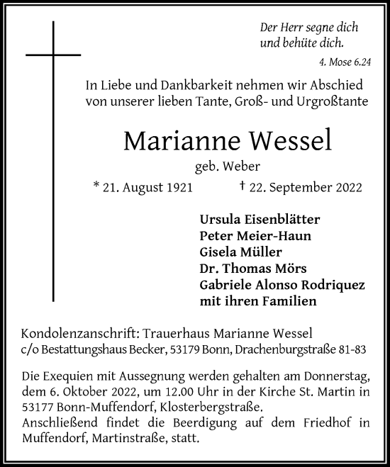 Anzeige von Marianne Wessel von General-Anzeiger Bonn