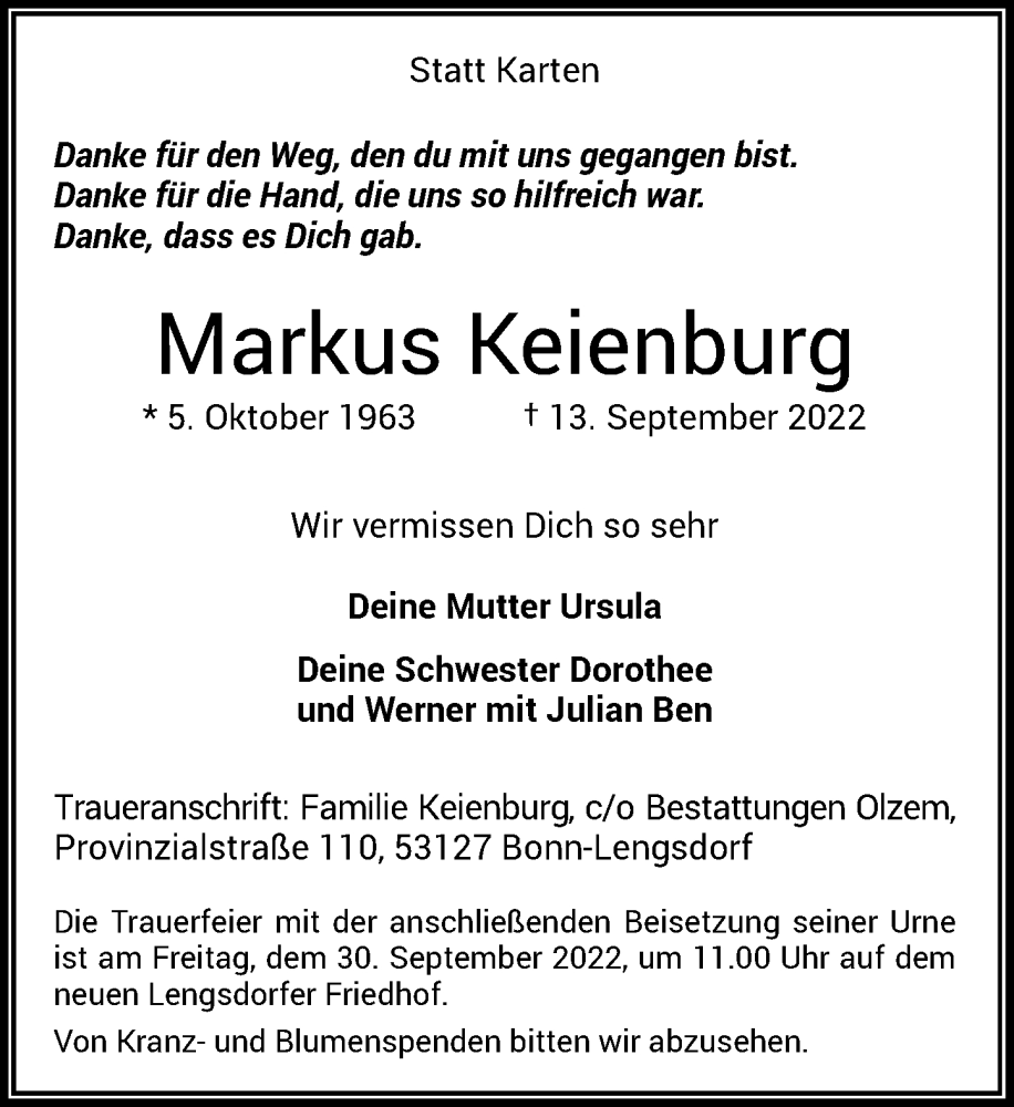  Traueranzeige für Markus Keienburg vom 24.09.2022 aus General-Anzeiger Bonn