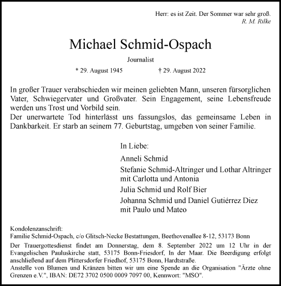 Anzeige von Michael Schmid-Ospach von General-Anzeiger Bonn