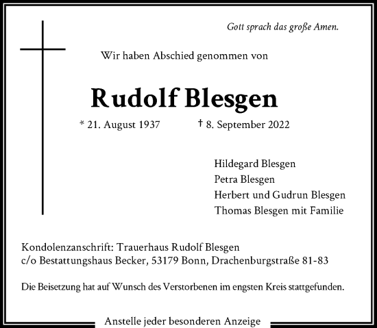 Anzeige von Rudolf Blesgen von General-Anzeiger Bonn