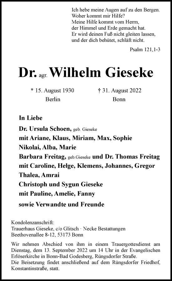 Anzeige von Wilhelm Gieseke von General-Anzeiger Bonn