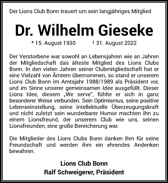 Anzeige von Wilhelm Gieseke von General-Anzeiger Bonn