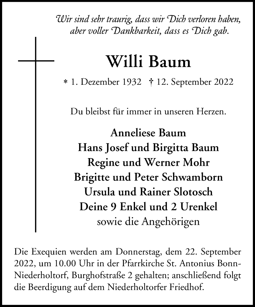  Traueranzeige für Willi Baum vom 17.09.2022 aus General-Anzeiger Bonn