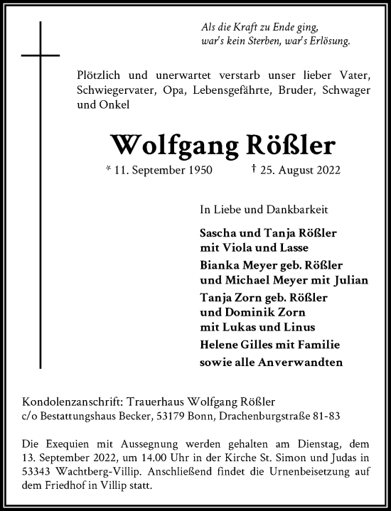 Anzeige von Wolfgang Rößler von General-Anzeiger Bonn