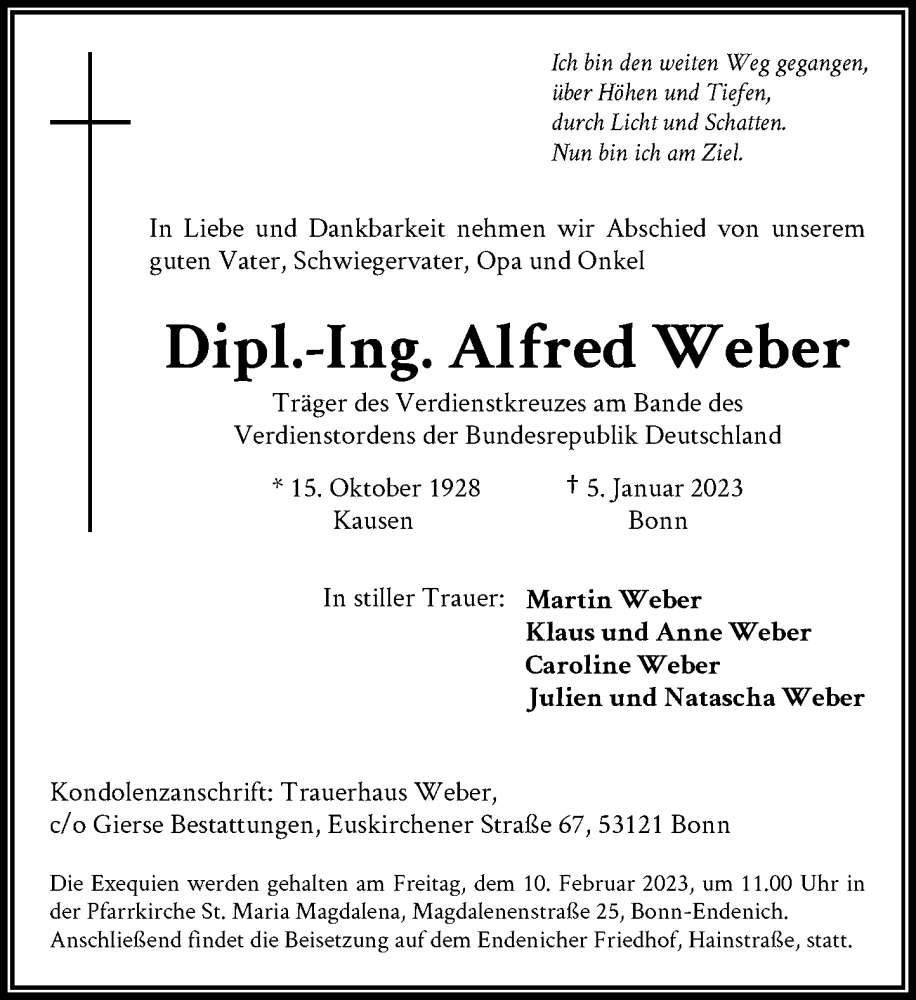  Traueranzeige für Alfred Weber vom 28.01.2023 aus General-Anzeiger Bonn