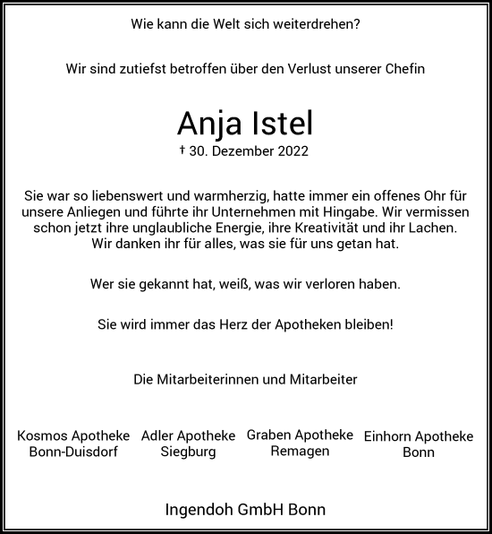 Anzeige von Anja Istel von General-Anzeiger Bonn