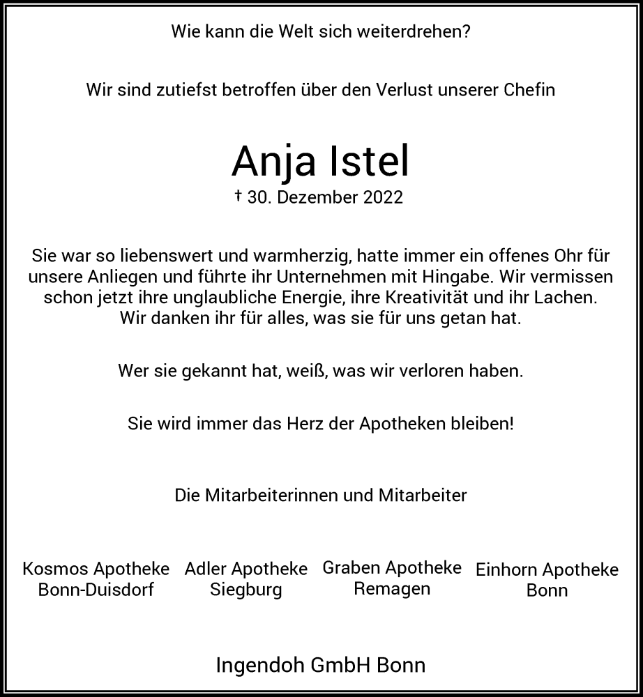  Traueranzeige für Anja Istel vom 21.01.2023 aus General-Anzeiger Bonn