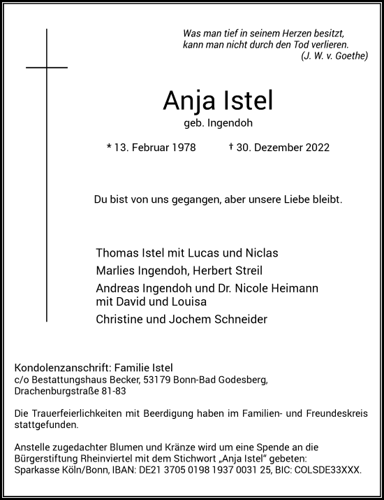 Anzeige von Anja Istel von General-Anzeiger Bonn