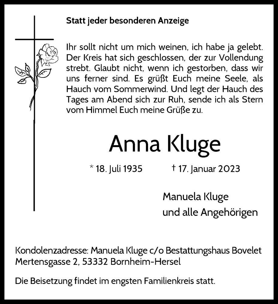 Traueranzeige für Anna Kluge vom 21.01.2023 aus General-Anzeiger Bonn