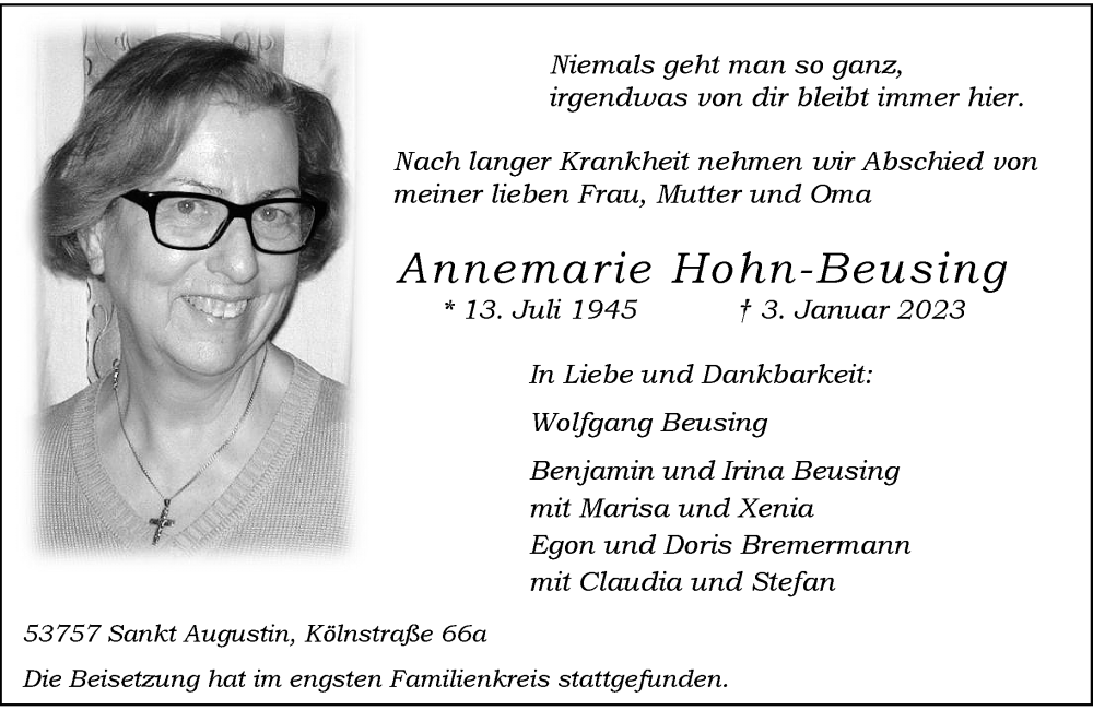  Traueranzeige für Annemarie Hohn-Beusing vom 21.01.2023 aus General-Anzeiger Bonn