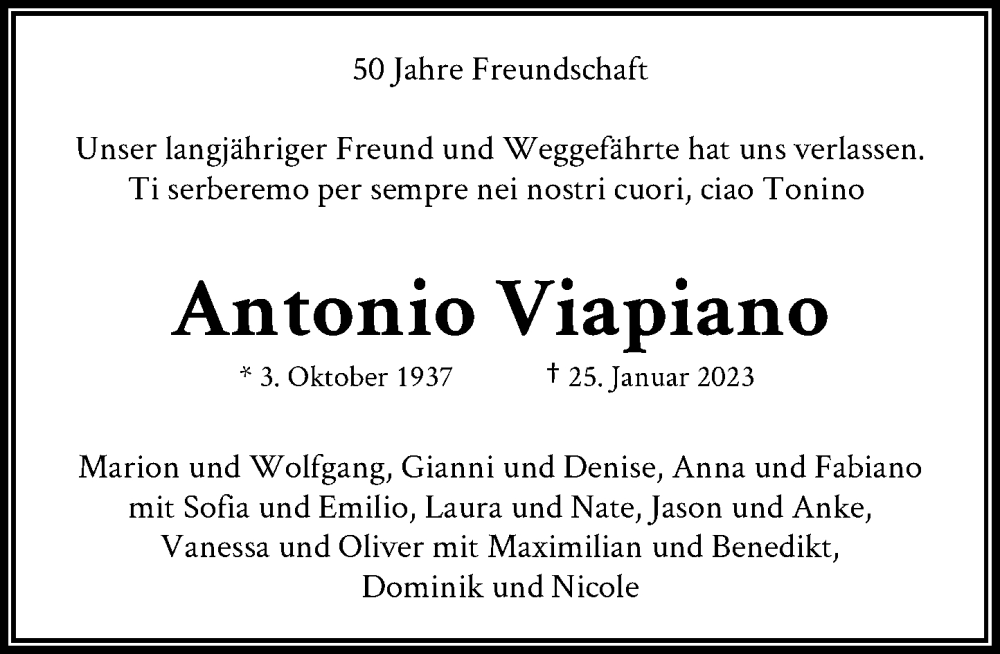  Traueranzeige für Antonio Viapiano vom 28.01.2023 aus General-Anzeiger Bonn