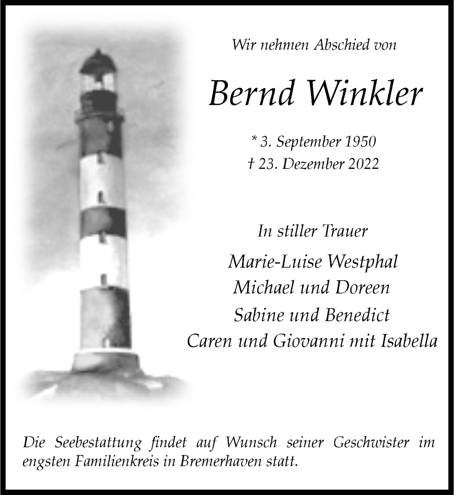  Traueranzeige für Bernd Winkler vom 21.01.2023 aus General-Anzeiger Bonn