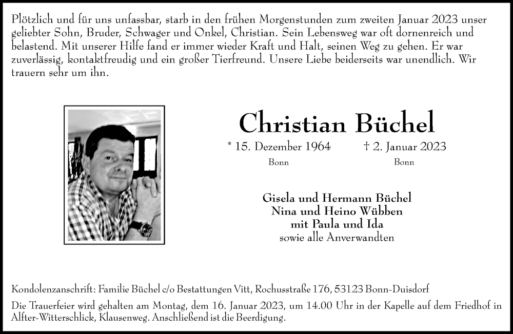  Traueranzeige für Christian Büchel vom 07.01.2023 aus General-Anzeiger Bonn