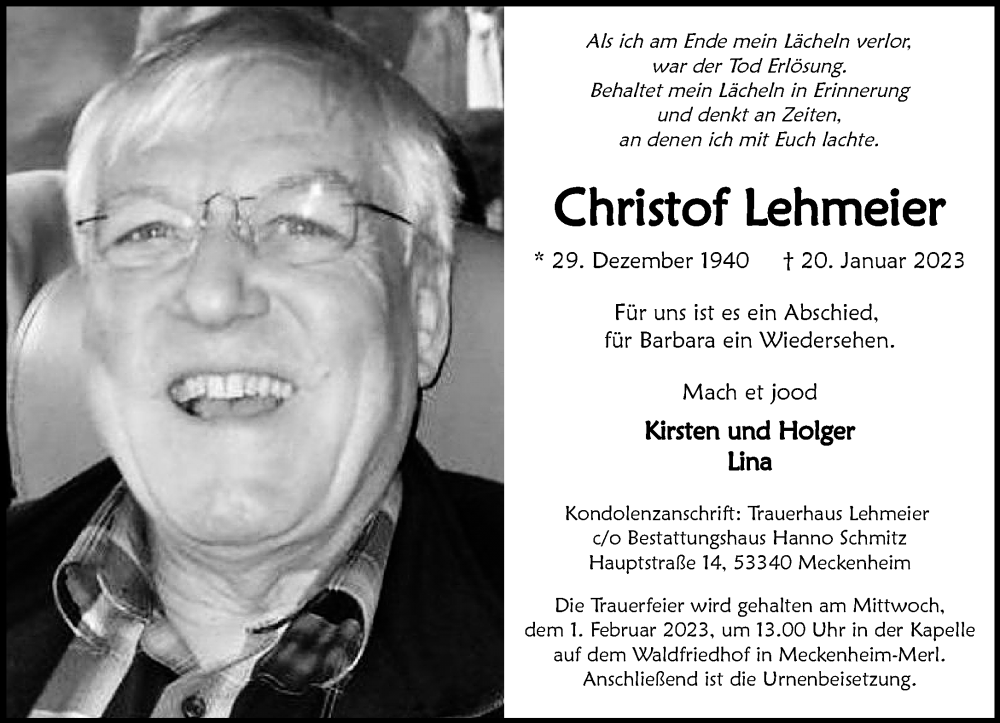  Traueranzeige für Christof Lehmeier vom 28.01.2023 aus General-Anzeiger Bonn