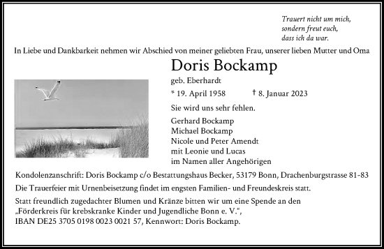 Anzeige von Doris Bockamp von General-Anzeiger Bonn