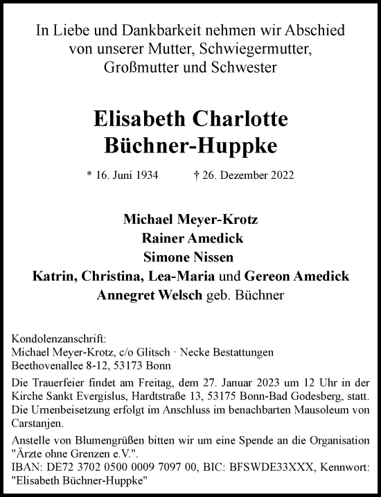 Anzeige von Elisabeth Charlotte Büchner-Huppke von General-Anzeiger Bonn