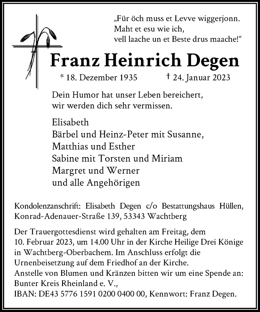  Traueranzeige für Franz Heinrich Degen vom 28.01.2023 aus General-Anzeiger Bonn