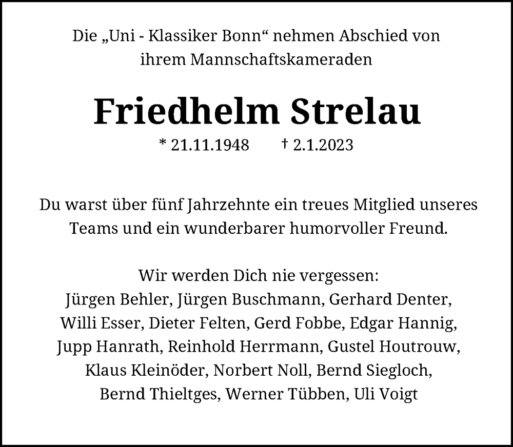  Traueranzeige für Friedhelm Strelau vom 07.01.2023 aus General-Anzeiger Bonn