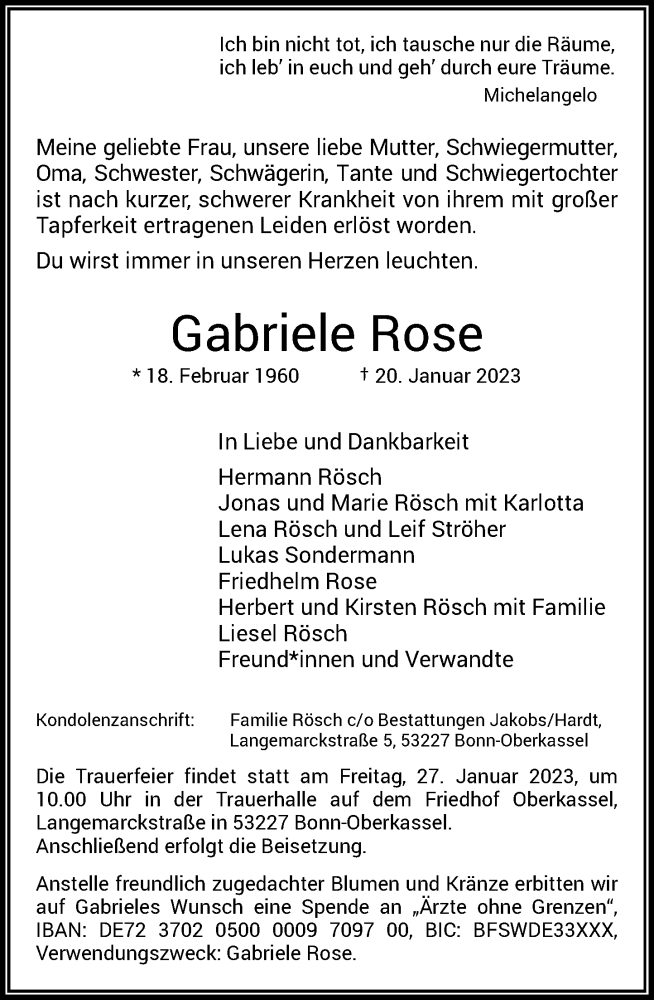 Traueranzeige für Gabriele Rose vom 25.01.2023 aus General-Anzeiger Bonn