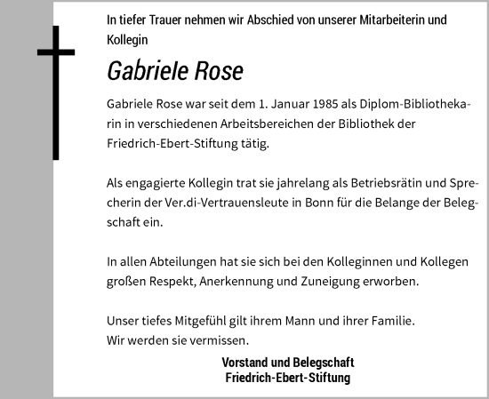 Anzeige von Gabriele Rose von General-Anzeiger Bonn