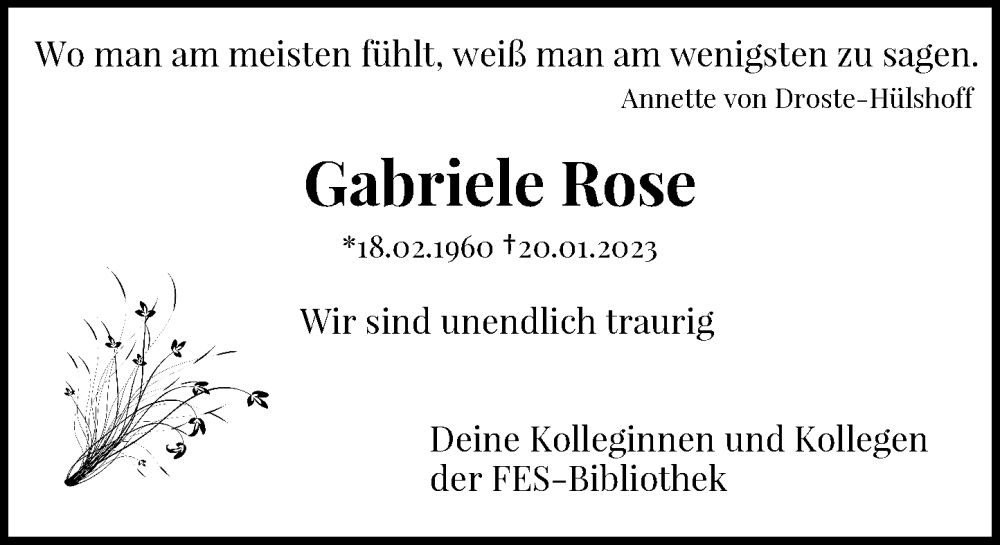  Traueranzeige für Gabriele Rose vom 25.01.2023 aus General-Anzeiger Bonn